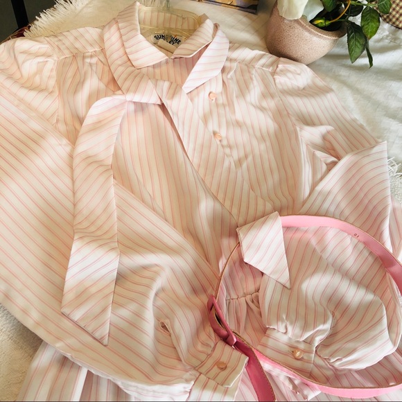 VINTAGE 70s Dress White Pink Stripes Bow Tie Belted size 10 - Picture 16 of 16
